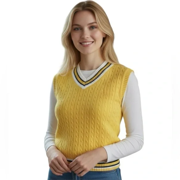 Brooks Brothers Women’s Yellow Cable Knit Tennis V-Neck Vest Sweater Cotton Sz M - Picture 1 of 9